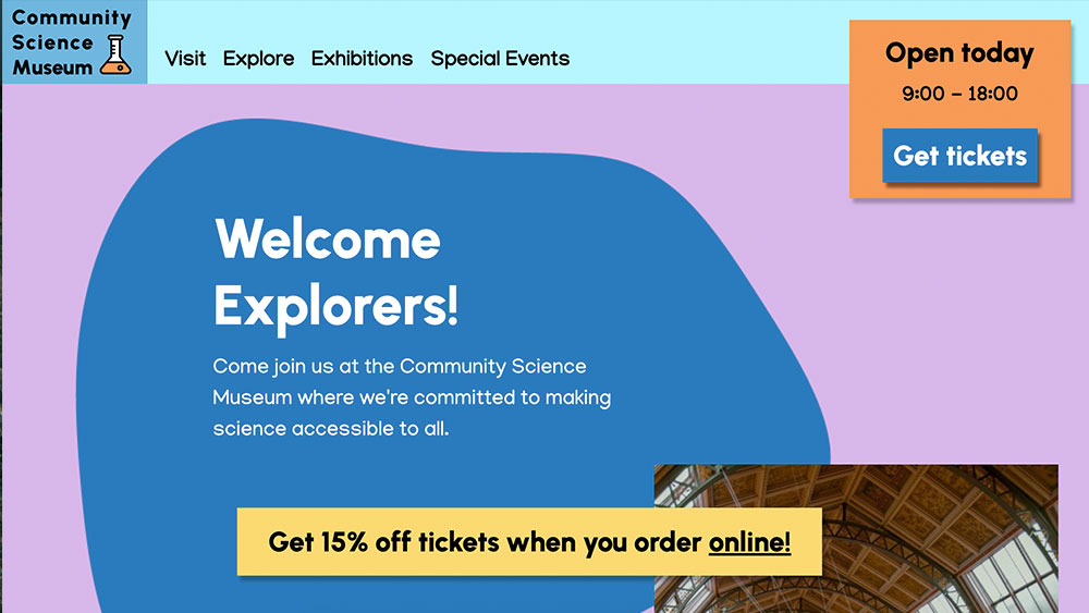 a screenshot of the Community Science Museum homepage